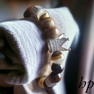 Tigers Eye Handcrafted Beaded Bracelet with Silver CZ Crown & Accent Beads